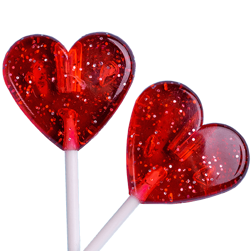 Two red, heart-shaped lollipops. Their sticks are overlapping.